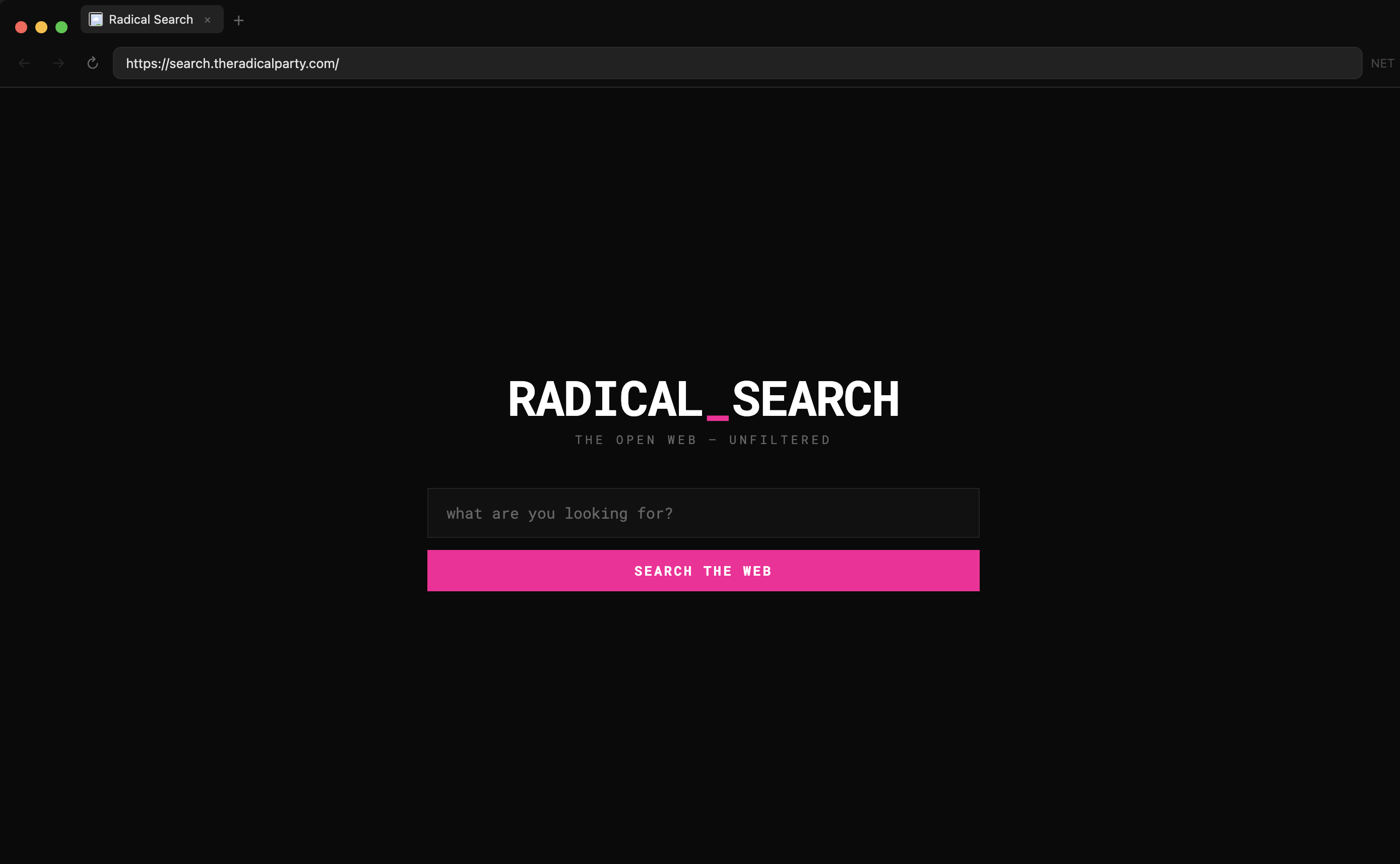 Radical Browser — command palette open over DuckDuckGo